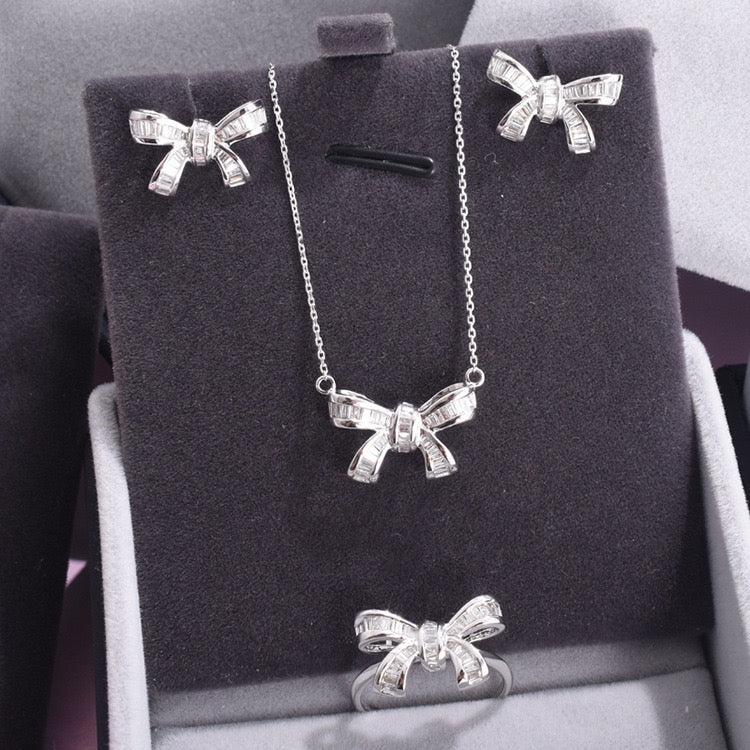 Elevate Your Style with the Bow-Knot Zircon Jewelry Set: Ring, Necklace & Stud Earrings