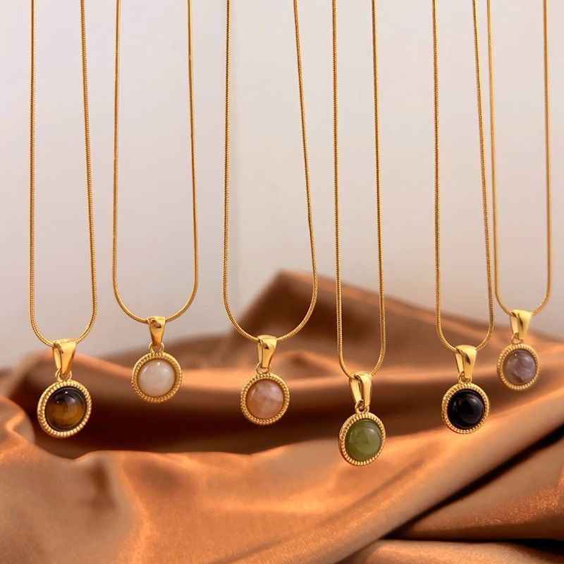 Elevate Your Style with the Old Money Round Cabochon Gold Plated Snake Chain Necklace