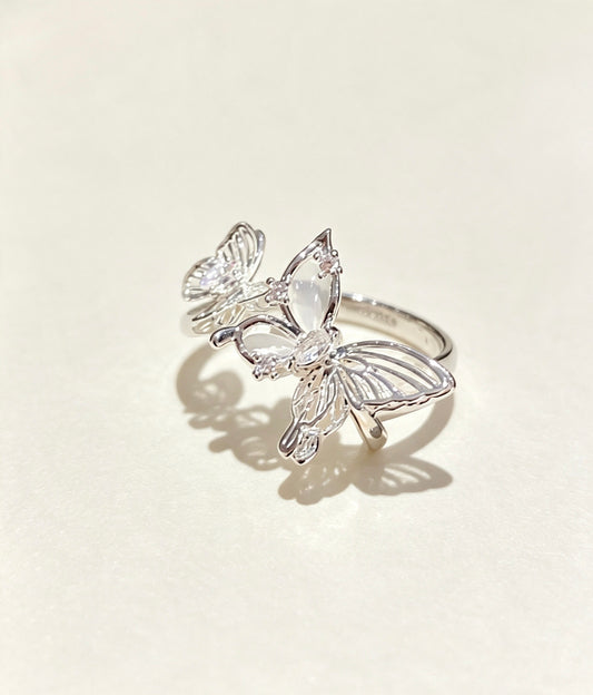 Silver Plated Zirconia Cat's Eye Double Butterfly Open Ring – Dreamy & Elegant