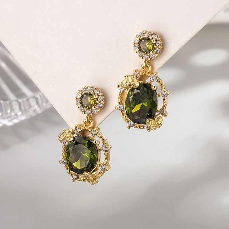 Botanical Olive Green Zircon Gold Plated Jewelry Set