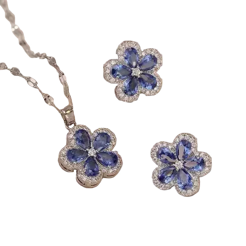 Elegant Botanical Five-Petal Flower Zircon Jewelry Set – Earrings & Necklace for Timeless Beauty