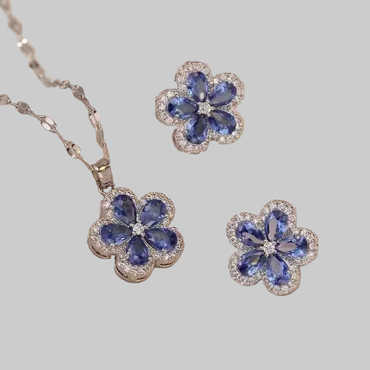 Elegant Botanical Five-Petal Flower Zircon Jewelry Set – Earrings & Necklace for Timeless Beauty