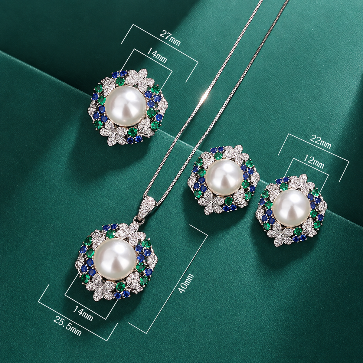 Emerald Green Sunflower Faux Pearl Jewelry Set – Ring, Earrings & Necklace
