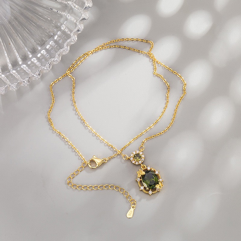Botanical Olive Green Zircon Gold Plated Jewelry Set