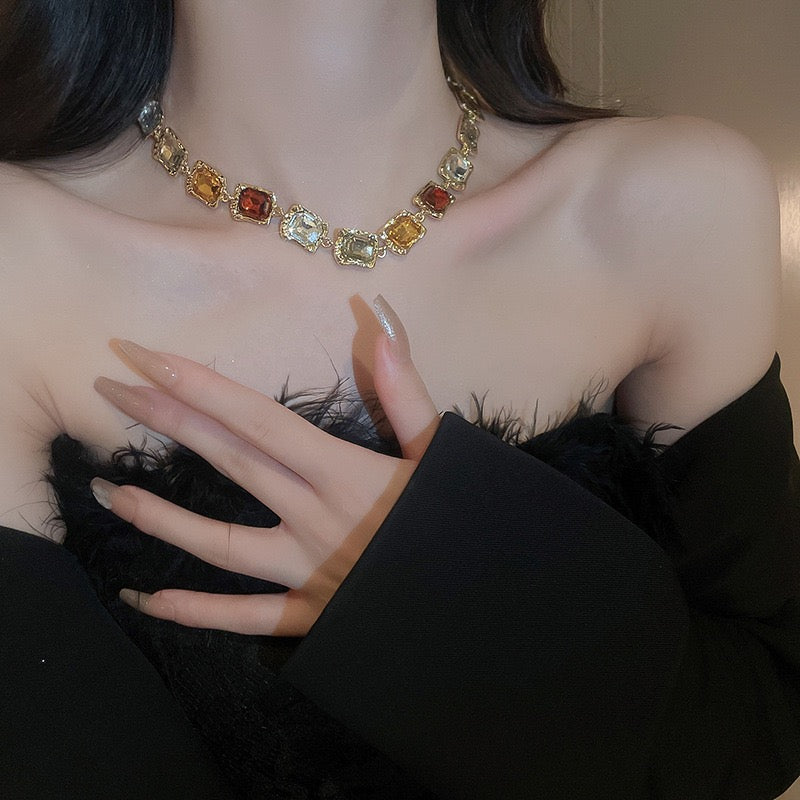 Vintage Square Geometric Rhinestone Gold Plated Sweater Chain Necklace