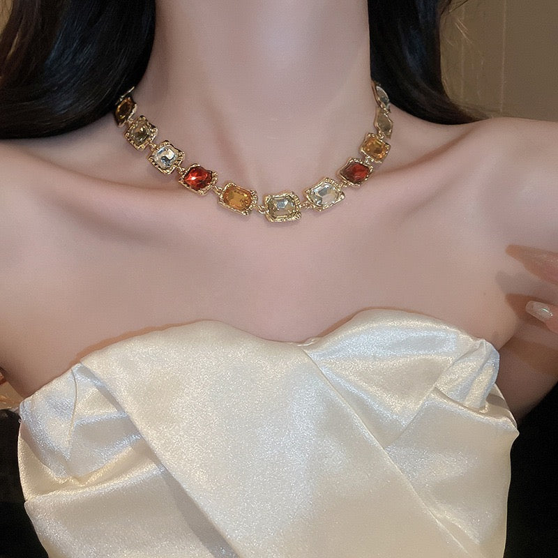 Vintage Square Geometric Rhinestone Gold Plated Sweater Chain Necklace