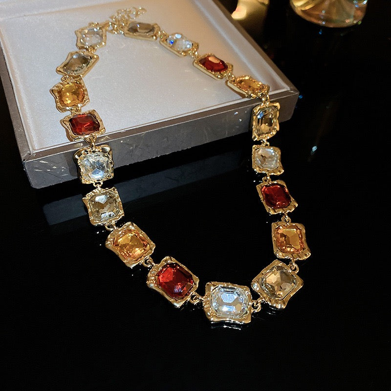 Vintage Square Geometric Rhinestone Gold Plated Sweater Chain Necklace