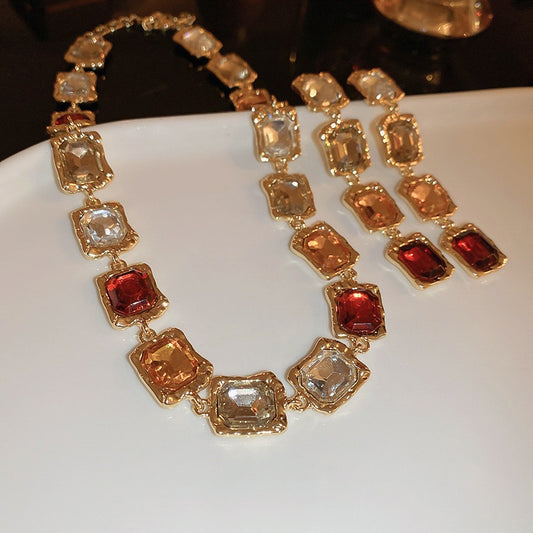 Vintage Square Geometric Rhinestone Gold Plated Sweater Chain Necklace
