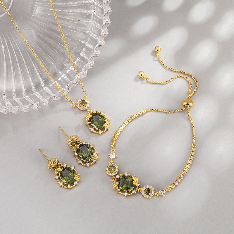 Botanical Olive Green Zircon Gold Plated Jewelry Set