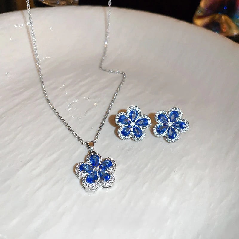 Botanical Five-Petal Flower Zircon Jewelry Set – Earrings & Necklace