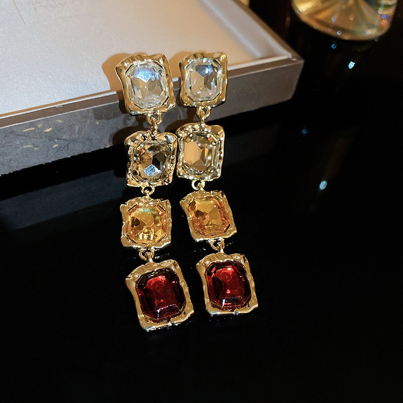 Vintage Square Geometric Rhinestone Gold Plated Sweater Chain Necklace