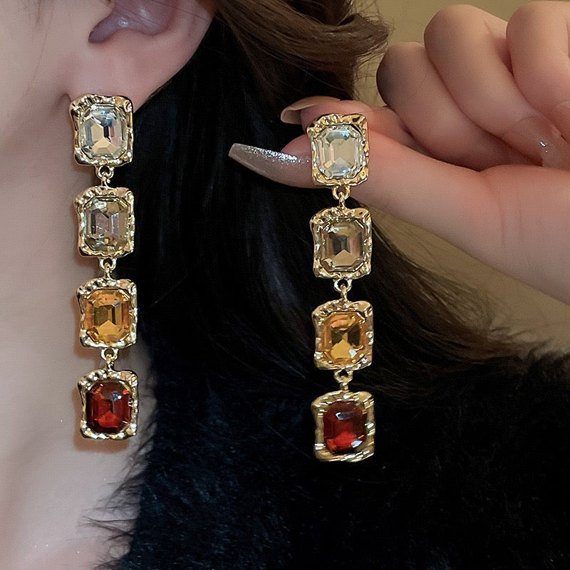Vintage Square Geometric Rhinestone Gold Plated Sweater Chain Necklace