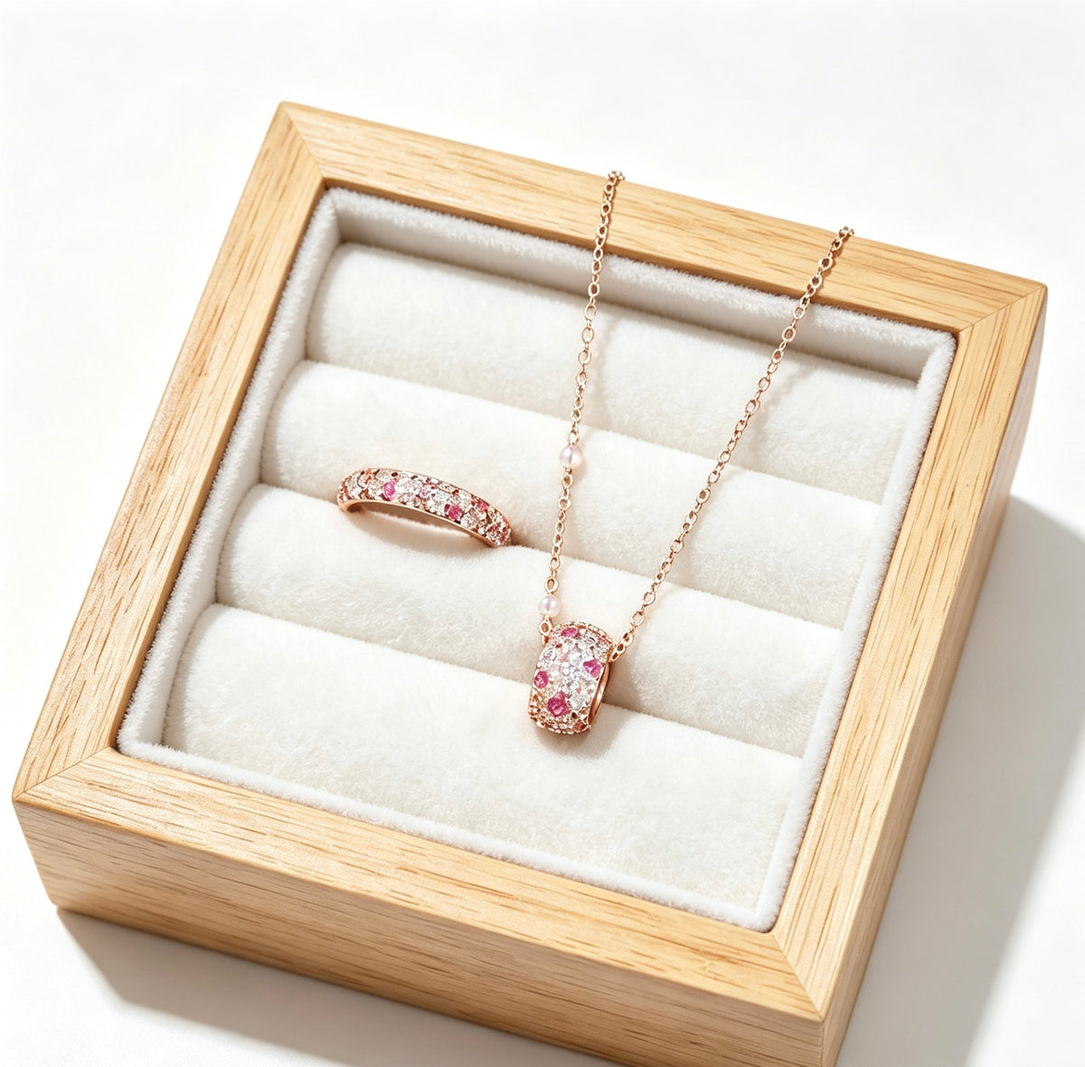 French Vintage Rose Jewelry Set | 18K Rose Gold Plated Necklace & Ring