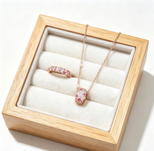French Vintage Rose Jewelry Set | 18K Rose Gold Plated Necklace & Ring